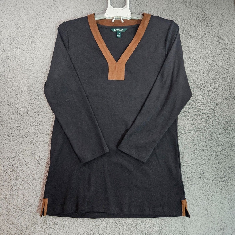 Lauren Ralph Lauren Tunic Top Blouse Womens Large Suede Trim Neck Black - L